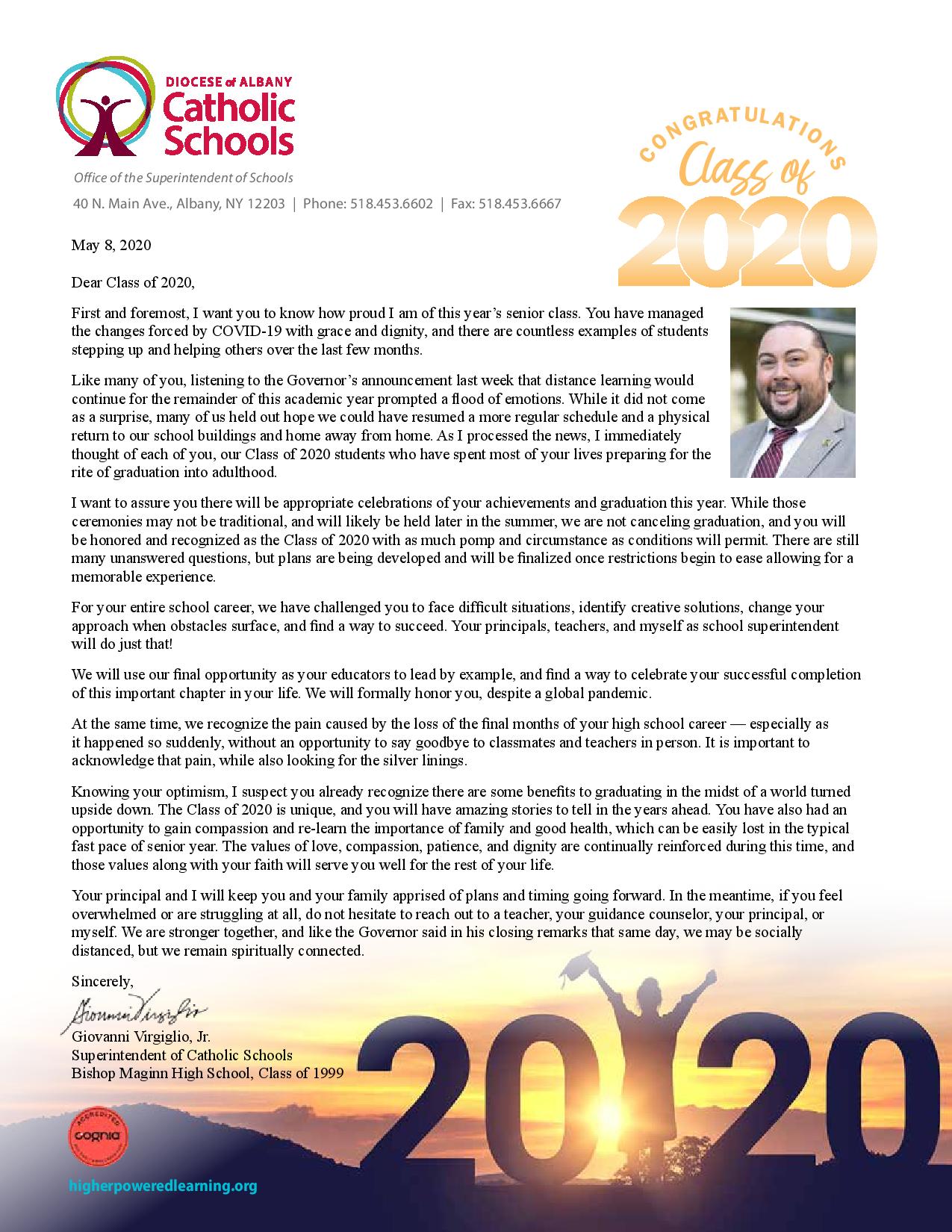 A letter from Supt. Virgiglio to the Class of 2020